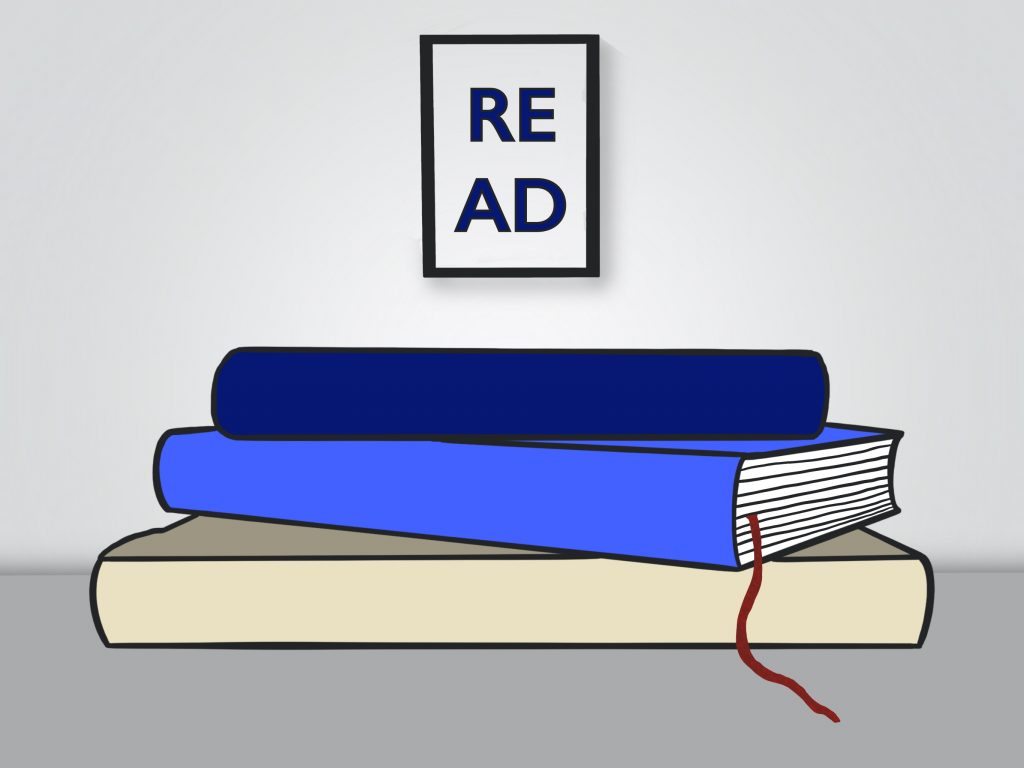 stack of books drawing with a poster that says "read" in the background